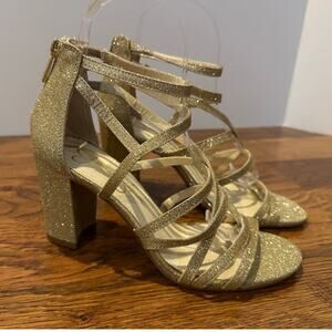 Jessica Simpson Women's Stassey Sandal Gold Glitter Size 7.5 Glam Evening Heels